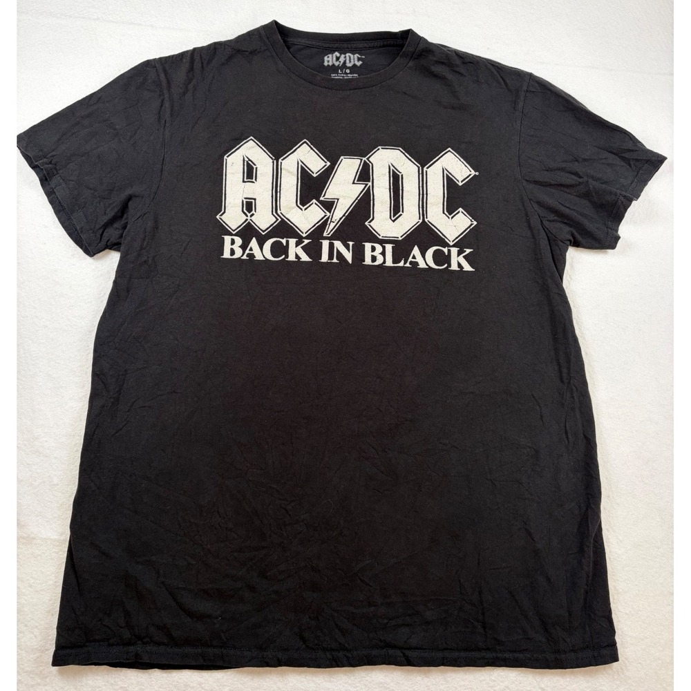 AC/DC Back In Black Band T-Shirt Mens Large Black Short Sleeve Rock Graphic Tee